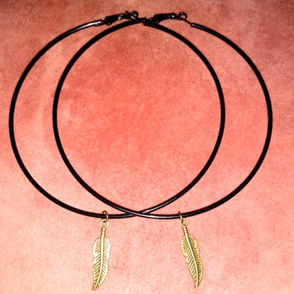 Katta Huge 4" Black Hoop Earrings Bohemian Feather Charm Big Hoops Oversized XL